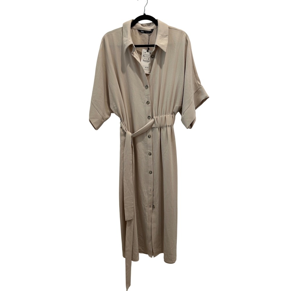 Zara Women XL Beige Button Down Midi Shirt Dress Belted Short Sleeve 9878/056